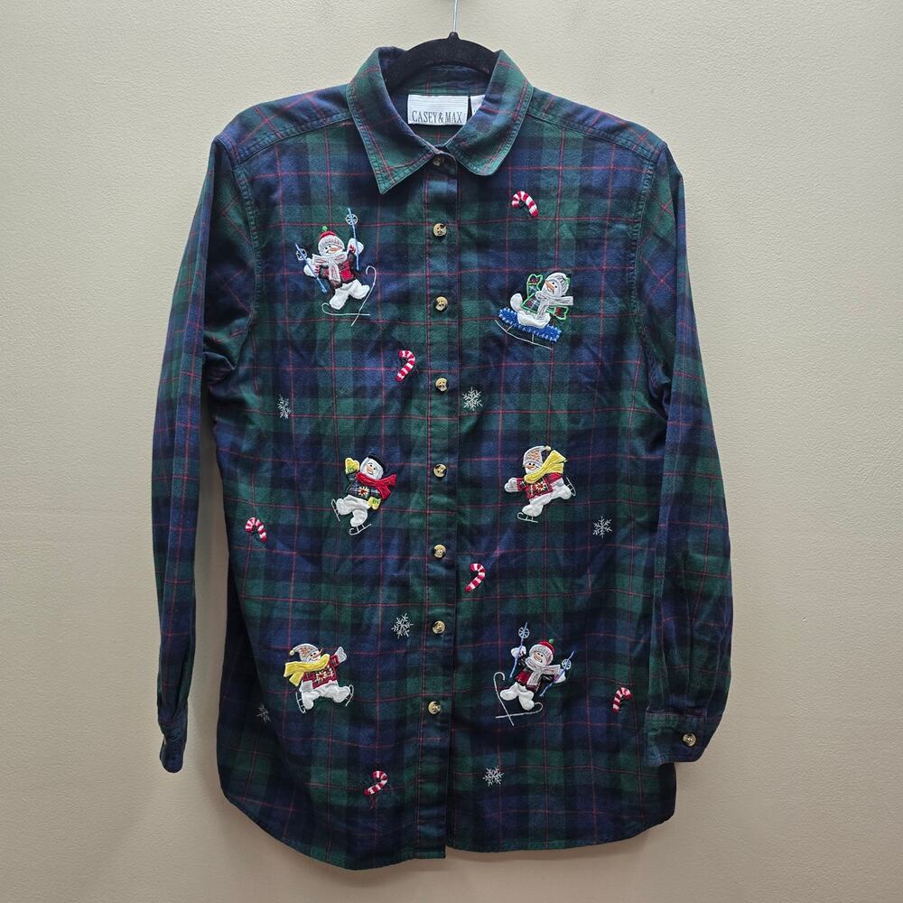 VTG Casey & Max Plaid Flannel Embroidered Snowmen Button-Up SZ Med Christmas Top